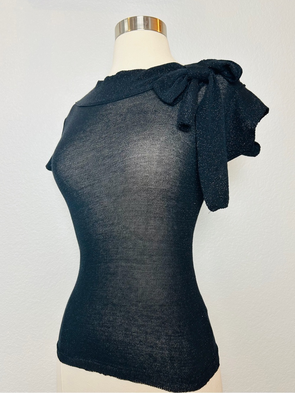 Rebecca Metallic Top Women's Size S Black Sheer Cap Sleeve Bow Made In Italy
